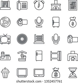 Thin Line Icon Set - tv vector, abacus, money bag, well, film frame, vinyl, video camera, microphone, alarm, office phone, fireplace, outdoor lamp, fridge, sand clock