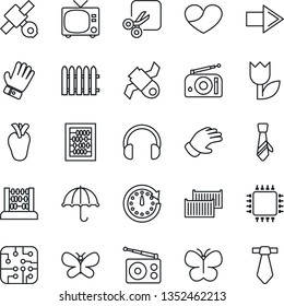Thin Line Icon Set - tv vector, right arrow, abacus, fence, glove, butterfly, real heart, satellite, cargo container, umbrella, tulip, radio, headphones, cut, tie, chip, clock