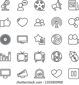 Thin Line Icon Set - tv vector, ticket office, reel, vinyl, flame disk, microphone, antenna, news, loudspeaker, equalizer, video camera, network, speaker, monitor, share, group, finger up, heart