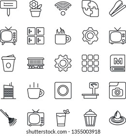Thin Line Icon Set - tv vector, checkroom, coffee, flower in pot, rake, plant label, garden light, railroad, heavy scales, menu, settings, record, photo gallery, application, stapler, wireless