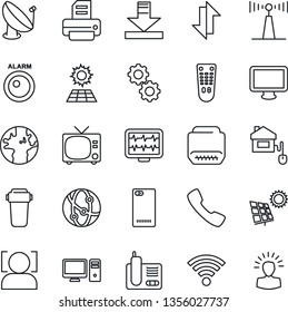 Thin Line Icon Set - tv vector, printer, monitor pulse, earth, satellite antenna, remote control, network, radio phone, hdmi, back, call, data exchange, download, wireless, face id, sun panel, home