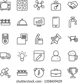 Thin Line Icon Set - tv vector, bomb in case, baby room, statistic monitor, wheelbarrow, seedling, car delivery, folder document, satellite, remote control, cell phone, share, paper pin, user, alarm