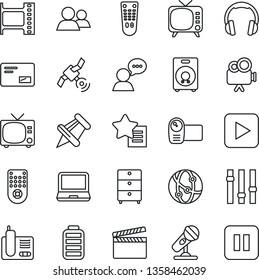 Thin Line Icon Set - tv vector, clapboard, film frame, archive chest, microphone, satellite, settings, video camera, remote control, network, speaker, headphones, laptop pc, radio phone, group, mail