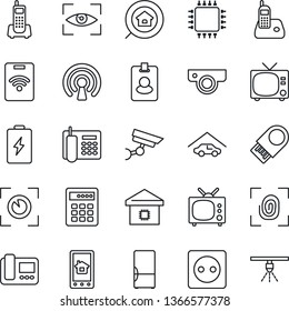 Thin Line Icon Set - tv vector, office phone, radio, garage, estate search, fridge, smart home, chip, socket, fingerprint, wireless, web camera, intercome, control app, eye scan, combination lock
