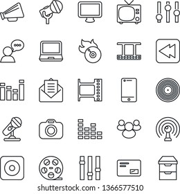 Thin Line Icon Set - tv vector, film frame, reel, vinyl, flame disk, camera, microphone, antenna, loudspeaker, settings, equalizer, cell phone, speaker, monitor, laptop pc, group, mail, rewind