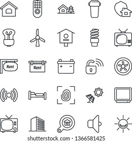 Thin Line Icon Set - tv vector, bed, office building, bird house, with tree, rent, estate search, fingerprint, fan, wireless lock, remote control, water filter, bulb, energy saving, sound, sun panel