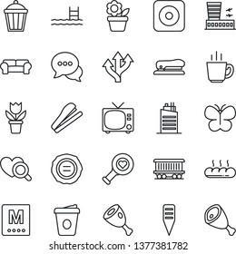 Thin Line Icon Set - tv vector, airport building, coffee, stamp, flower in pot, butterfly, plant label, garden light, heart diagnostic, route, railroad, dialog, rec button, stapler, pool, city house