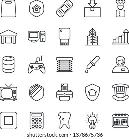 Thin Line Icon Set - tv vector, growth statistic, printer, dropper, patch, caries, support, warehouse, package, shield, oil barrel, gamepad, stop button, office building, calculator, children room