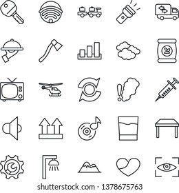 Thin Line Icon Set - tv vector, baggage larry, clouds, helicopter, axe, fertilizer, syringe, up side sign, sorting, speaker, heart, torch, music, root setup, update, mountains, key, table, moving