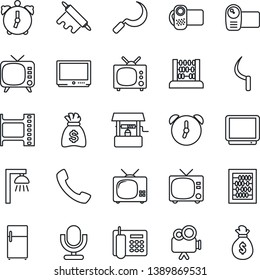 Thin Line Icon Set - tv vector, abacus, money bag, well, sickle, film frame, video camera, microphone, call, alarm, office phone, rolling pin, outdoor lamp, fridge