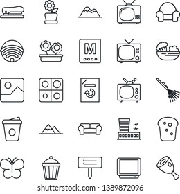 Thin Line Icon Set - tv vector, airport building, coffee, document reload, rake, butterfly, plant label, garden light, gallery, application, stapler, mountains, cushioned furniture, wireless, menu