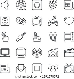 Thin Line Icon Set - tv vector, brainstorm, clapboard, film frame, reel, radio, antenna, news, speaker, gamepad, touch screen, laptop pc, phone, chain, group, heart, mail, stop button, rca, hdmi