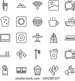 Thin Line Icon Set - tv vector, coffee, garden light, route, railroad, rec button, gallery, record, office building, stapler, pool, mountains, wireless, flower in pot, restaurant table, phyto bar