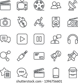 Thin Line Icon Set - tv vector, satellite antenna, clapboard, reel, flame disk, camera, microphone, radio, dialog, speaker, headphones, share, group, favorites list, paper pin, low battery, mail