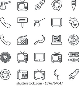 Thin Line Icon Set - tv vector, abacus, stamp, sickle, plant label, vinyl, flame disk, radio, call, office phone, open close, turkish coffee, rocket