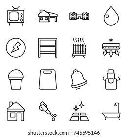 thin line icon set : tv, house with garage, school, drop, electricity, rack, radiator, air conditioning, bucket, cutting board, bell, apron, blower, clean floor, bath