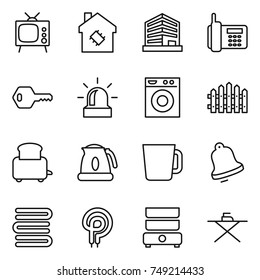 thin line icon set : tv, smart house, office, phone, key, alarm, washing machine, fence, toaster, kettle, cup, bell, towels, elecric oven, double boiler, iron board