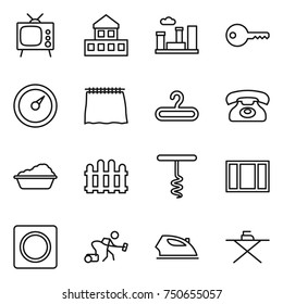 thin line icon set : tv, cottage, city, key, barometer, curtain, hanger, phone, washing, fence, corkscrew, window, ring button, vacuum cleaner, iron, board
