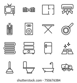 thin line icon set : tv, school, plan, air conditioning, remote control, speaker, iron board, pan, towels, double boiler, fridge, clean floor, plunger, toilet, bath, home call cleaning