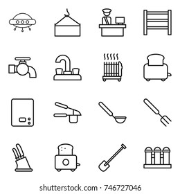 thin line icon set : ufo, loading crane, customs control, rack, water tap, radiator, toaster, kitchen scales, garlic clasp, ladle, big fork, knife holder, shovel, grain elevator