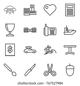 Thin line icon set : ufo, store, heart, calculator, wineglass, school, phone, sea shipping, tax, car baggage, surfer, table, big spoon, knife, scissors, acorn