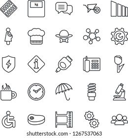 Thin Line Icon Set - umbrella vector, wheelbarrow, microscope, scales, pills blister, disabled, pregnancy, tulip, sorting, film frame, dialog, share, hdmi, protect, root setup, clock, office phone