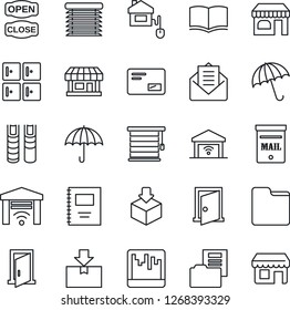 Thin Line Icon Set - umbrella vector, shop, checkroom, book, store, package, mail, scanner, folder, copybook, document, mailbox, open close, home control, jalousie, garage gate, door, storefront