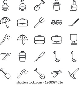 Thin Line Icon Set - umbrella vector, stamp, baggage larry, job, shovel, farm fork, bucket, pruner, axe, scalpel, fragile, themes, case, ladle, hard work