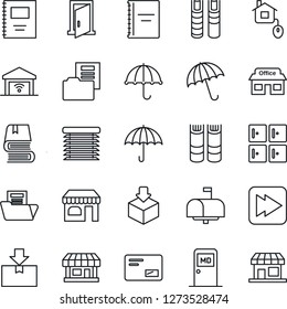 Thin Line Icon Set - umbrella vector, shop, medical room, checkroom, book, store, package, mail, fast forward, copybook, document folder, mailbox, home control, jalousie, garage gate, door