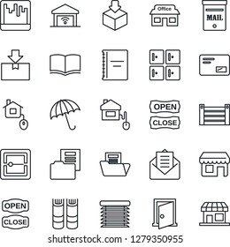 Thin Line Icon Set - umbrella vector, checkroom, book, store, container, package, mail, scanner, copybook, document folder, mailbox, open close, home control, jalousie, garage gate, door, storefront