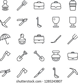 Thin Line Icon Set - umbrella vector, stamp, job, shovel, farm fork, bucket, pruner, axe, scalpel, fragile, case, ladle, hard work