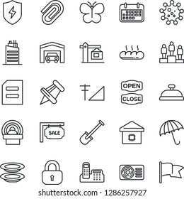 Thin Line Icon Set - umbrella vector, pedestal, document, shovel, butterfly, tomography, virus, term, paper pin, protect, cellular signal, clip, office phone, garage, sale, lock, air conditioner