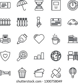 Thin Line Icon Set - umbrella vector, ticket, bed, desk, garden light, heart, shield, satellite, car delivery, hdmi, calendar, coffee, copybook, bar graph, printer, tie, fence, office building, sand