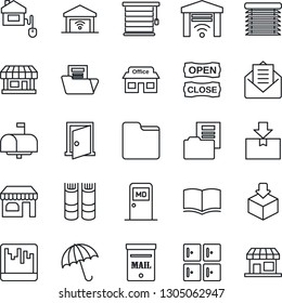 Thin Line Icon Set - umbrella vector, shop, medical room, checkroom, book, store, package, mail, scanner, folder, document, mailbox, open close, home control, jalousie, garage gate, door, storefront