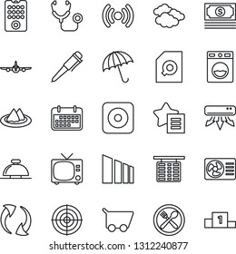 Thin Line Icon Set - umbrella vector, tv, reception bell, clouds, plane, flight table, pen, stethoscope, cash, term, sorting, favorites list, rec button, update, document search, target, serviette