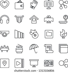 Thin Line Icon Set - umbrella vector, pennant, presentation board, meeting, contract, glove, fire, heart, warehouse storage, sorting, heavy scales, flame disk, headphones, folder, place tag, video