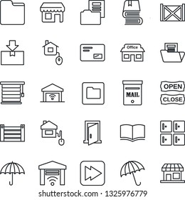 Thin Line Icon Set - umbrella vector, checkroom, book, store, container, package, mail, fast forward, folder, document, mailbox, open close, home control, jalousie, garage gate, door, storefront