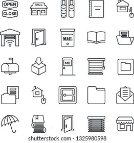Thin Line Icon Set - umbrella vector, medical room, book, store, package, mail, scanner, folder, copybook, document, mailbox, open close, home control, jalousie, garage gate, door, storefront