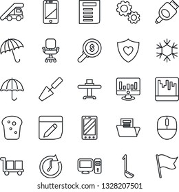 Thin Line Icon Set - umbrella vector, ladder car, mobile phone, mouse, document, statistic monitor, trowel, heart shield, cargo, cell, hdmi, scanner, notes, folder, office chair, restaurant table