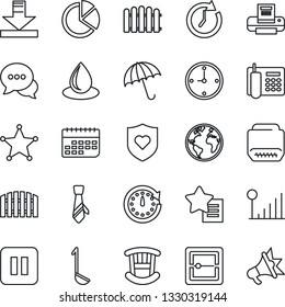 Thin Line Icon Set - umbrella vector, fence, water drop, heart shield, earth, term, dialog, favorites list, pause button, hdmi, scanner, download, cellular signal, clock, pie graph, office phone