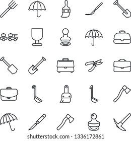 Thin Line Icon Set - umbrella vector, stamp, baggage larry, job, shovel, farm fork, pruner, axe, scalpel, fragile, themes, case, ladle, hard work