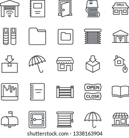 Thin Line Icon Set - umbrella vector, book, store, container, package, scanner, folder, copybook, mailbox, open close, home control, jalousie, garage gate, door, storefront