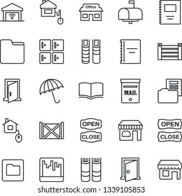 Thin Line Icon Set - umbrella vector, shop, checkroom, book, store, container, scanner, folder, copybook, document, mailbox, open close, home control, garage gate, door, storefront