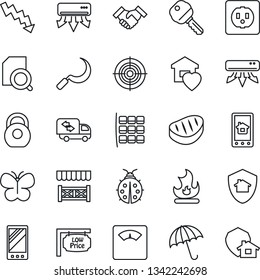 Thin Line Icon Set - umbrella vector, seat map, crisis graph, butterfly, lady bug, fire, sickle, scales, heavy, mobile, document search, target, handshake, low price signboard, key, moving, alcove