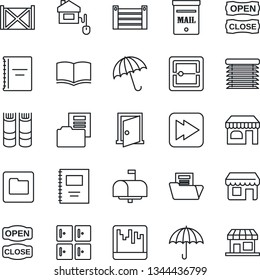 Thin Line Icon Set - umbrella vector, shop, checkroom, book, container, fast forward, scanner, folder, copybook, document, mailbox, open close, home control, jalousie, door, storefront