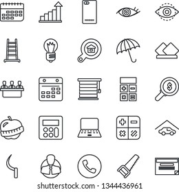 Thin Line Icon Set - umbrella vector, phone, growth statistic, calculator, notebook pc, bulb, ladder, saw, sickle, eye, diet, client, term, back, calendar, id, meeting, garage, estate search, money