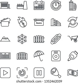 Thin Line Icon Set - Umbrella Vector, Calendar, Fence, Wheelbarrow, Barcode, Flame Disk, Speaker, Play Button, Pause, Hdmi, Eye Id, Update, Mountains, Rooms, Office Building, Factory, Ham, Hot Dog