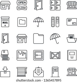 Thin Line Icon Set - umbrella vector, shop, medical room, checkroom, store, container, package, mail, scanner, folder, copybook, document, book, mailbox, open close, jalousie, door, storefront