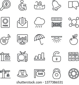 Thin Line Icon Set - umbrella vector, passport, statistic monitor, rain, disabled, molecule, sorting, heavy, finger down, mail, bell, music, paper binder, pool, sold signboard, lock, tv, crane
