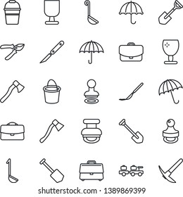 Thin Line Icon Set - umbrella vector, stamp, baggage larry, job, shovel, bucket, pruner, axe, scalpel, fragile, case, ladle, hard work